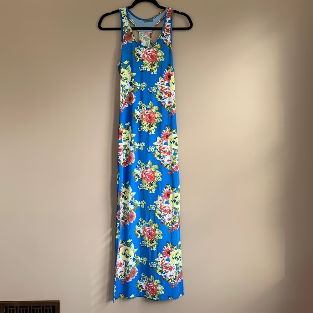 Blue Floral Racerback Maxi Bodycon Dress | M